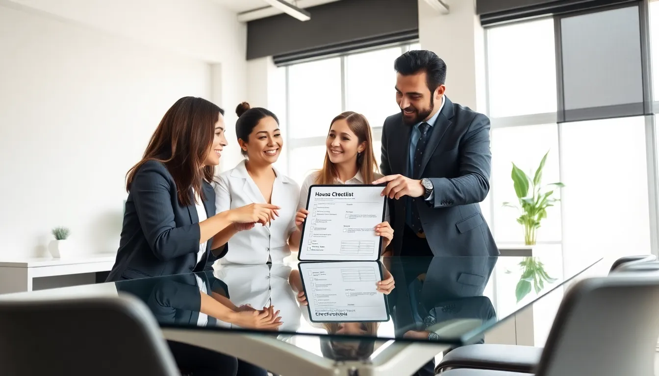 diverse team reviewing a house checklist in a modern office.