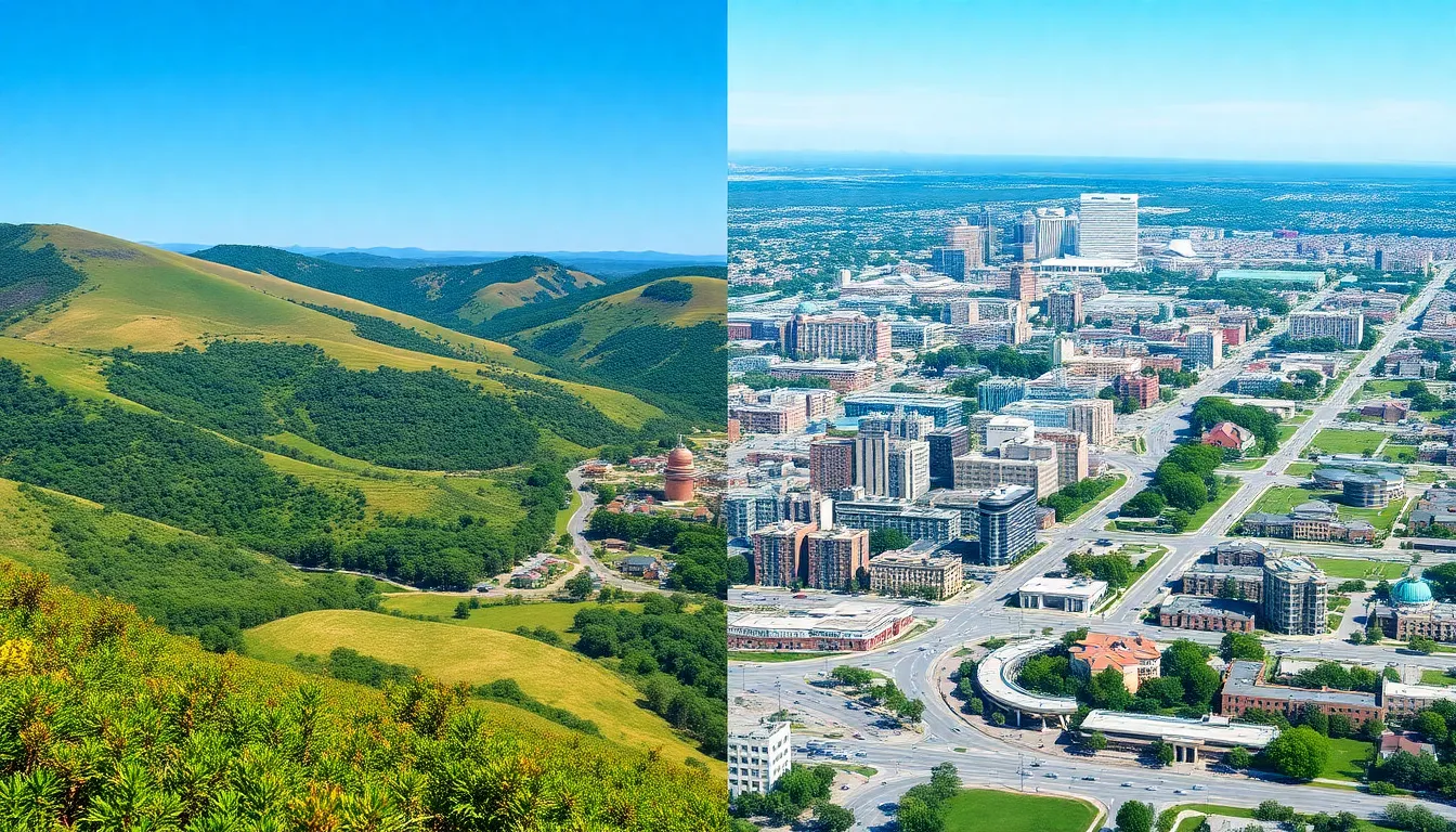 contrast between a natural landscape and an urban cityscape.