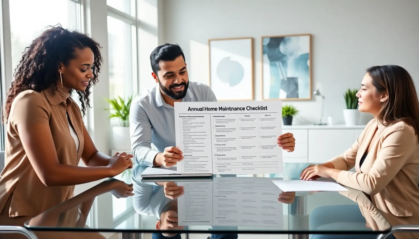team reviewing a home maintenance checklist in a modern office.