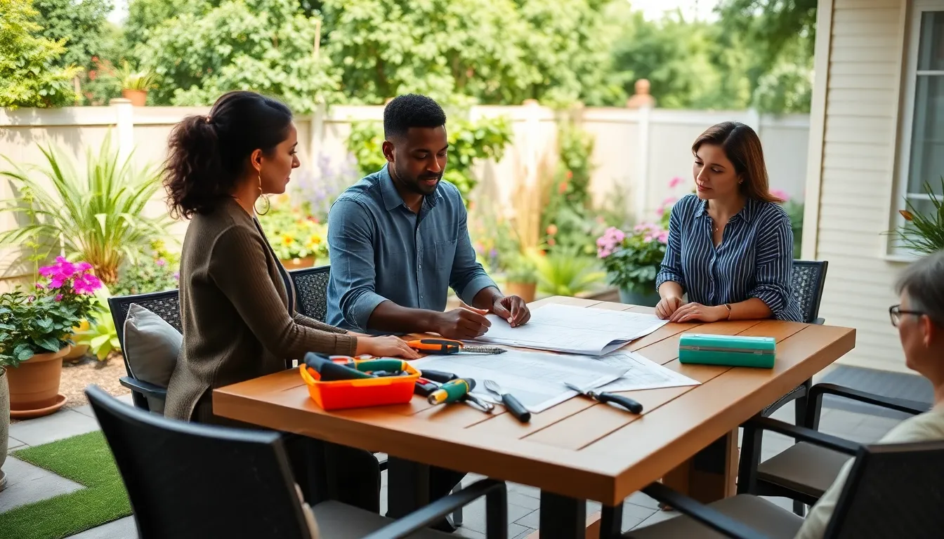 diverse team planning an affordable backyard makeover.
