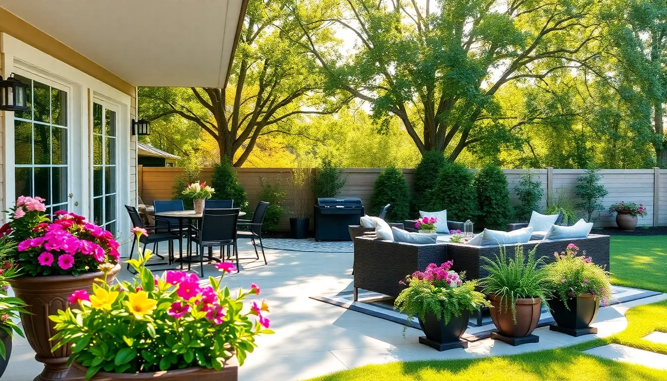 modern renovated back patio with dining and lounge areas.